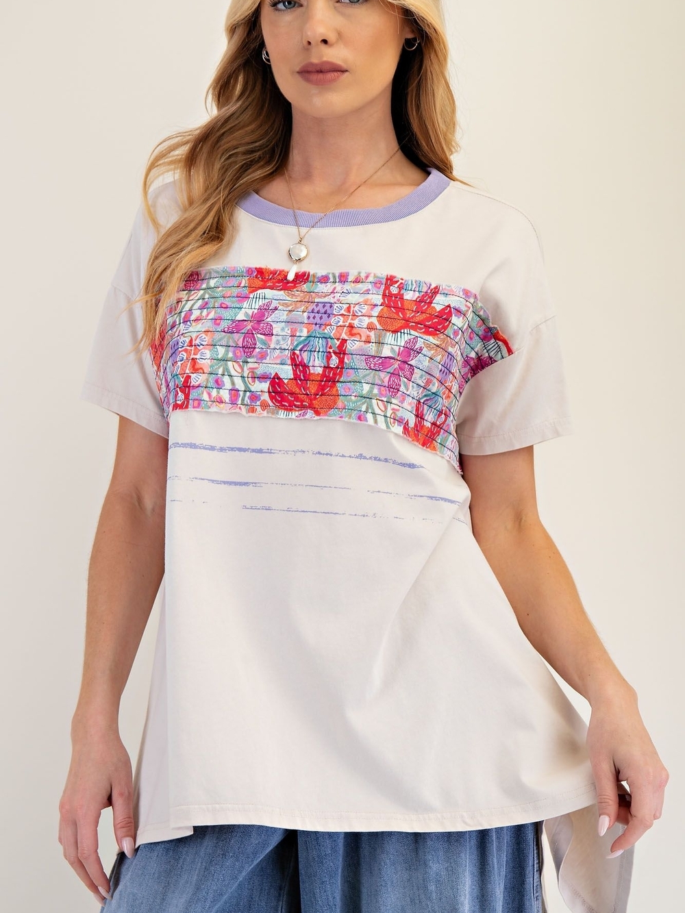 ⭐3-0503 Easel Floral Ribbon Patch Shark bite Cotton Tunic Top - Picture 2 of 6